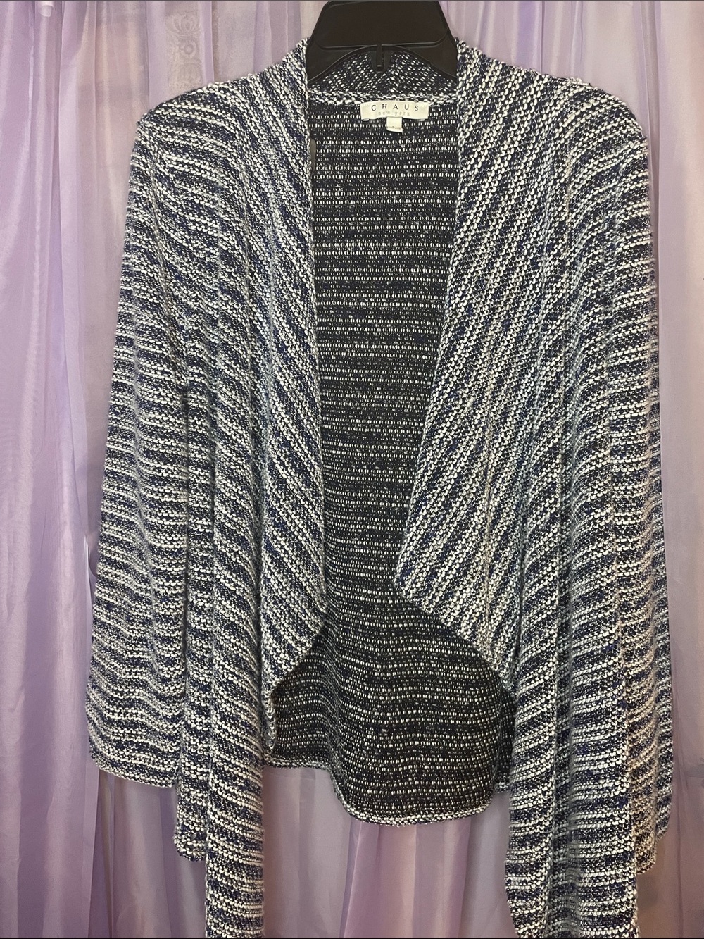 Chaus Navy & White Open-Front Draped Cardigan